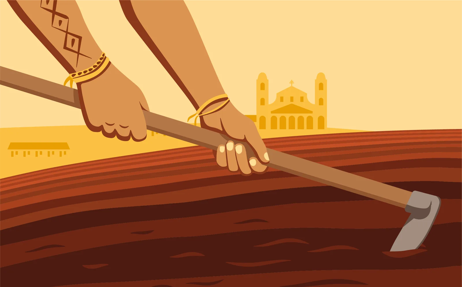 Ilustração de mãos Guarani preparando a terra com a Catedral de Santo Ângelo ao fundo
