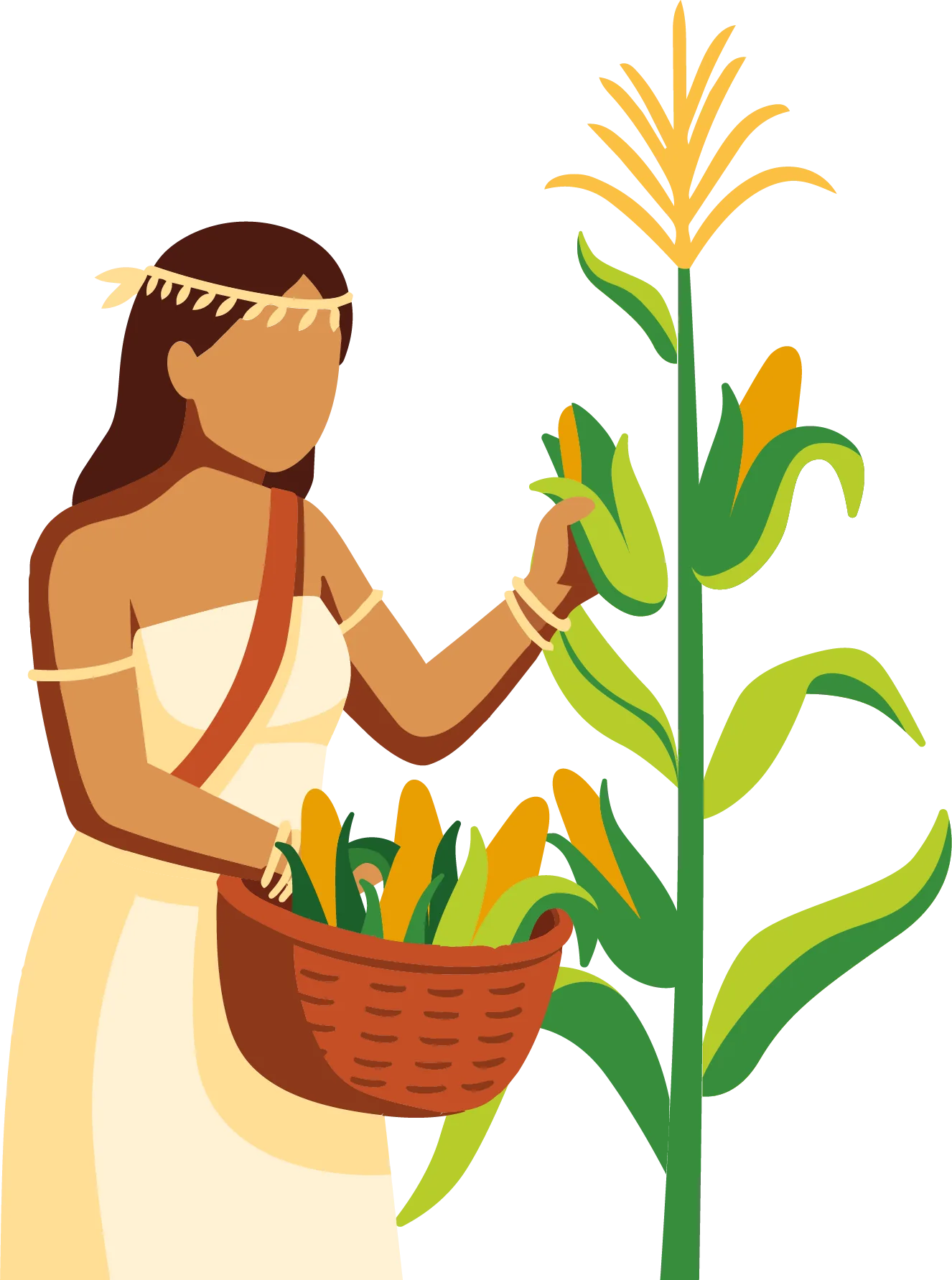 Ilustración de la Kuña Karaí, mujer guaraní cosechando maíz
